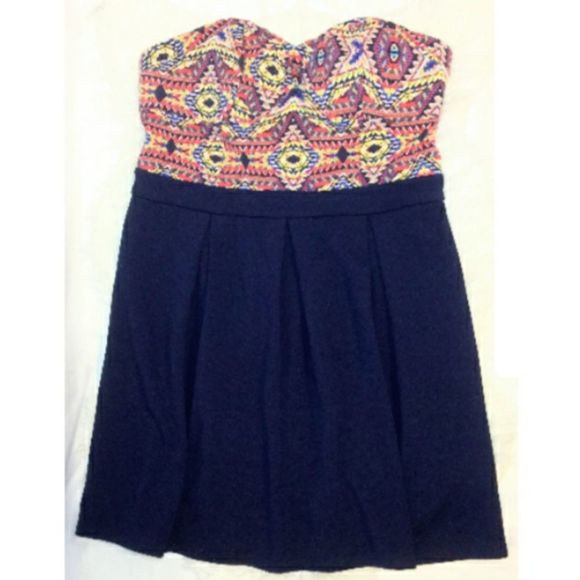 Blue Strapless Dress size XL Juniors Sweetheart Neckline Yellow White Red Bold - Picture 1 of 6
